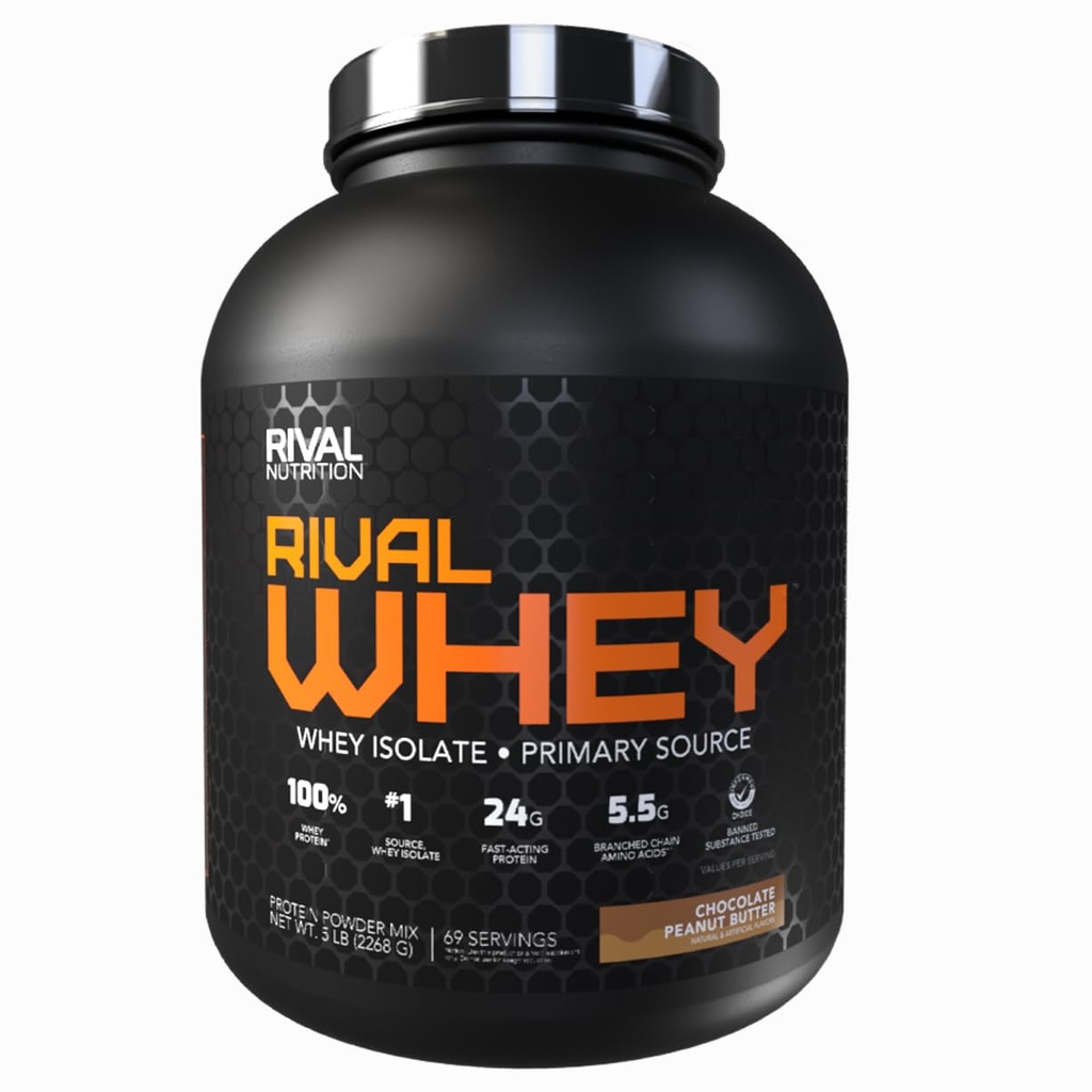 RIVAL NUTRITION Rival Whey Protein Powder I 100% of Protein from Whey I Isolate Primary Source I 24g Protein, 5.5g BCAAs Per Scoop I Recovery, Active Lifestyles (5lb, Chocolate Peanut Butter)