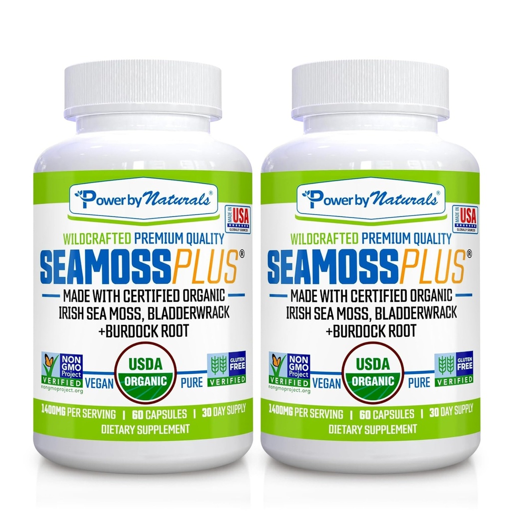 Power By Naturals Sea Moss Plus - USDA Certified Organic Wildcrafted Irish Seamoss, Bladderwrack & Burdock Root, Supplément pour l'immunité, 60Ct, 2 Pack