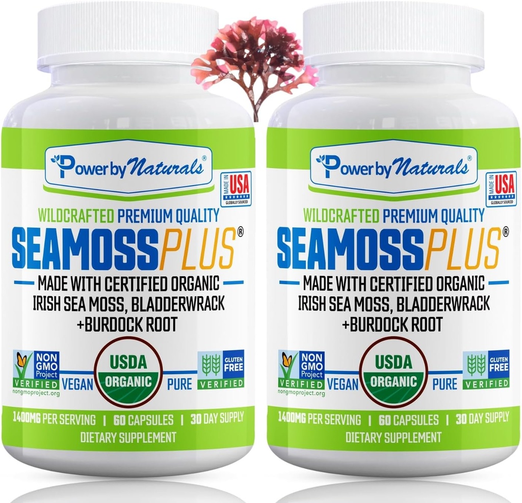 Power By Naturals Sea Moss Plus - USDA Certified Organic Wildcrafted Irish Seamoss, Bladderwrack & Burdock Root, Supplément pour l'immunité, 60Ct, 2 Pack