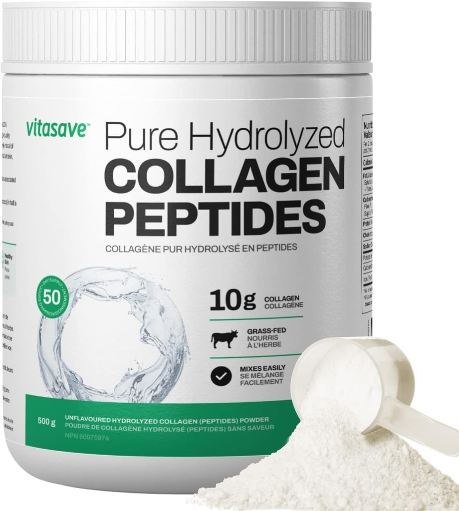Vitasave Collagen Peptides Powder – 10g Hydrolyzed Collagen per Serving – Unflavored, Grass-Fed, Keto Friendly – Skin, Hair, Nails & Joint Support – 500g
