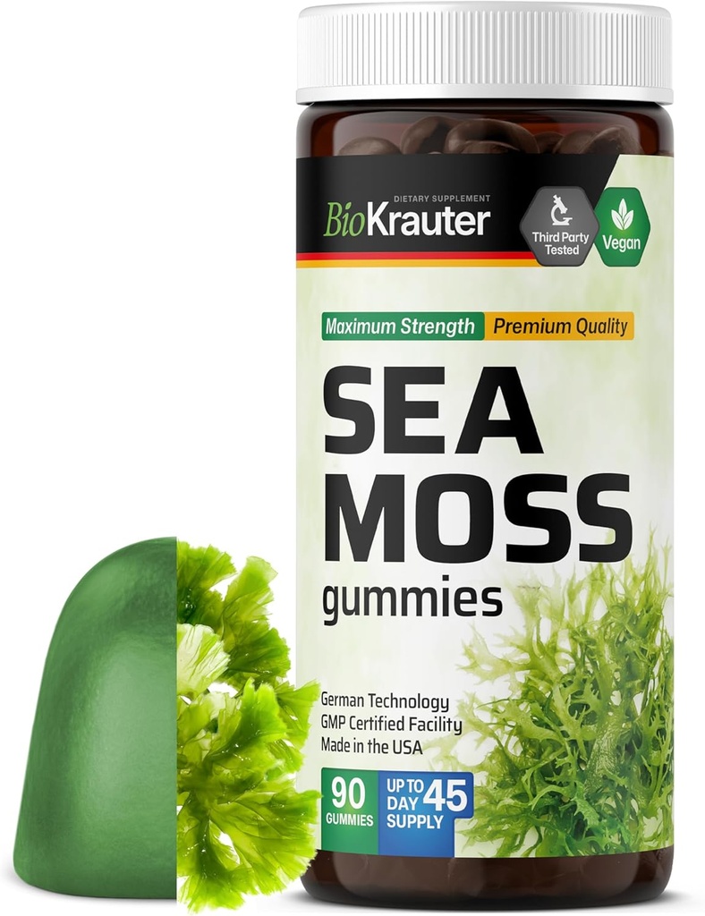 BIO KRAUTER Gommies de mousse de mer irlandaise pour les femmes et les hommes - 2840 mg Résistance - 90 Chews végétaliens - Supplément de racine Bladderwrack & Burdock - Formule Chondrus Crispus - Gummes de mer