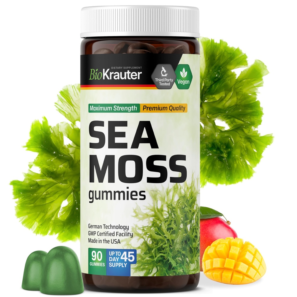 BIO KRAUTER Gommies de mousse de mer irlandaise pour les femmes et les hommes - 2840 mg Résistance - 90 Chews végétaliens - Supplément de racine Bladderwrack & Burdock - Formule Chondrus Crispus - Gummes de mer