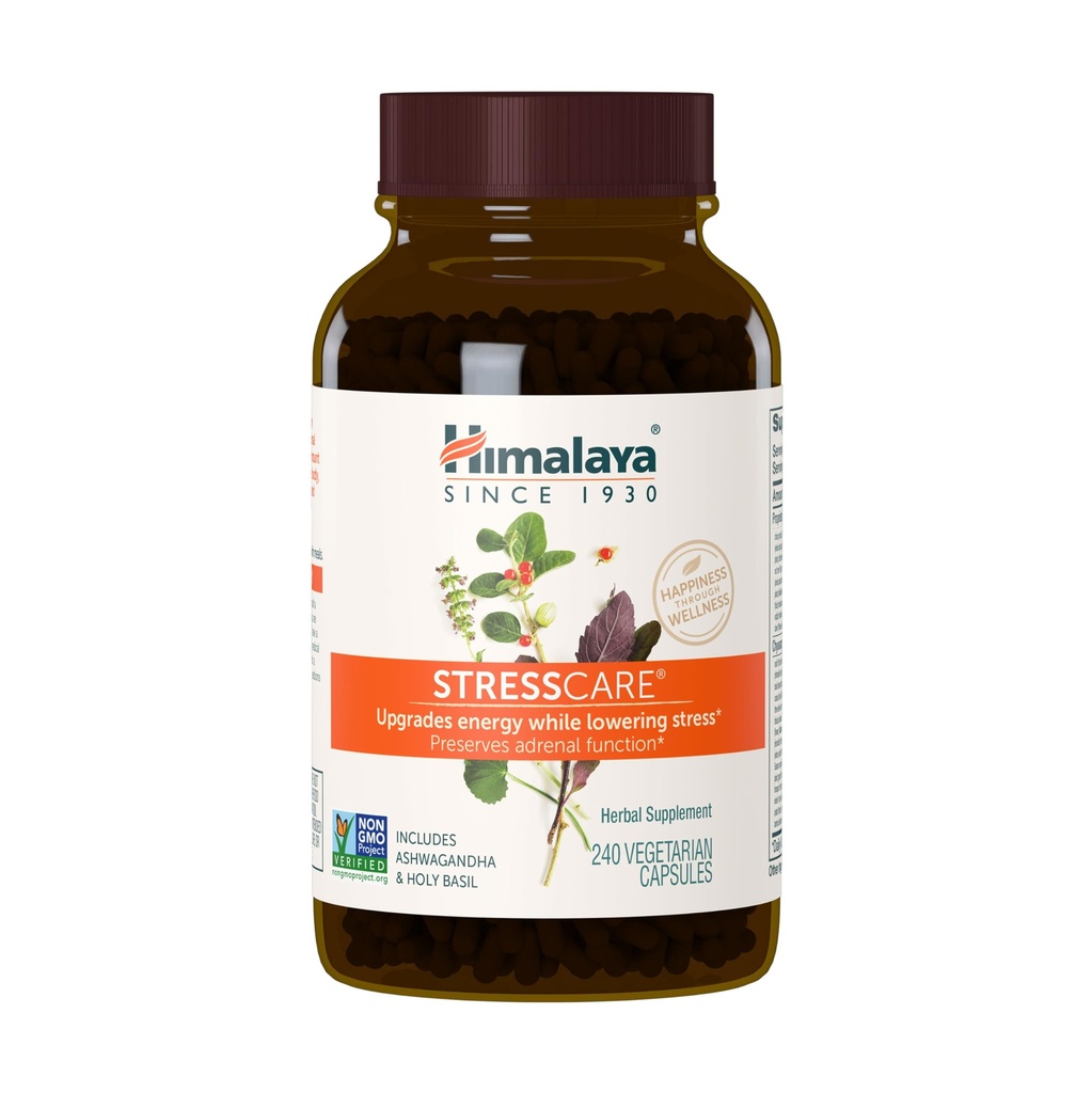 Himalaya StressCare complément à base de plantes, soutient le stress, le soutien énergétique, la relaxation, l'insomnie occasionnelle, Ashwagandha, Saint Basilic/Tulsi, Gotu Kola, non-OGM, végétarien, 240 capsules