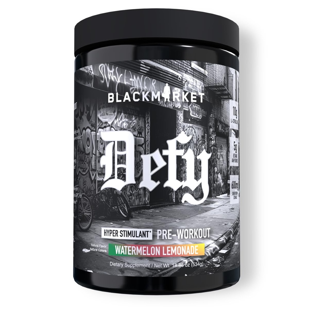 BLACKMARKET DEFY – High-Stimulant Pre-Workout Powder | 450mg Caffeine, Eria Jarensis, Dendrobium, L-Citrulline | Watermelon Lemonade Flavor | Intense Energy, Pump & Focus | 40/20 Servings