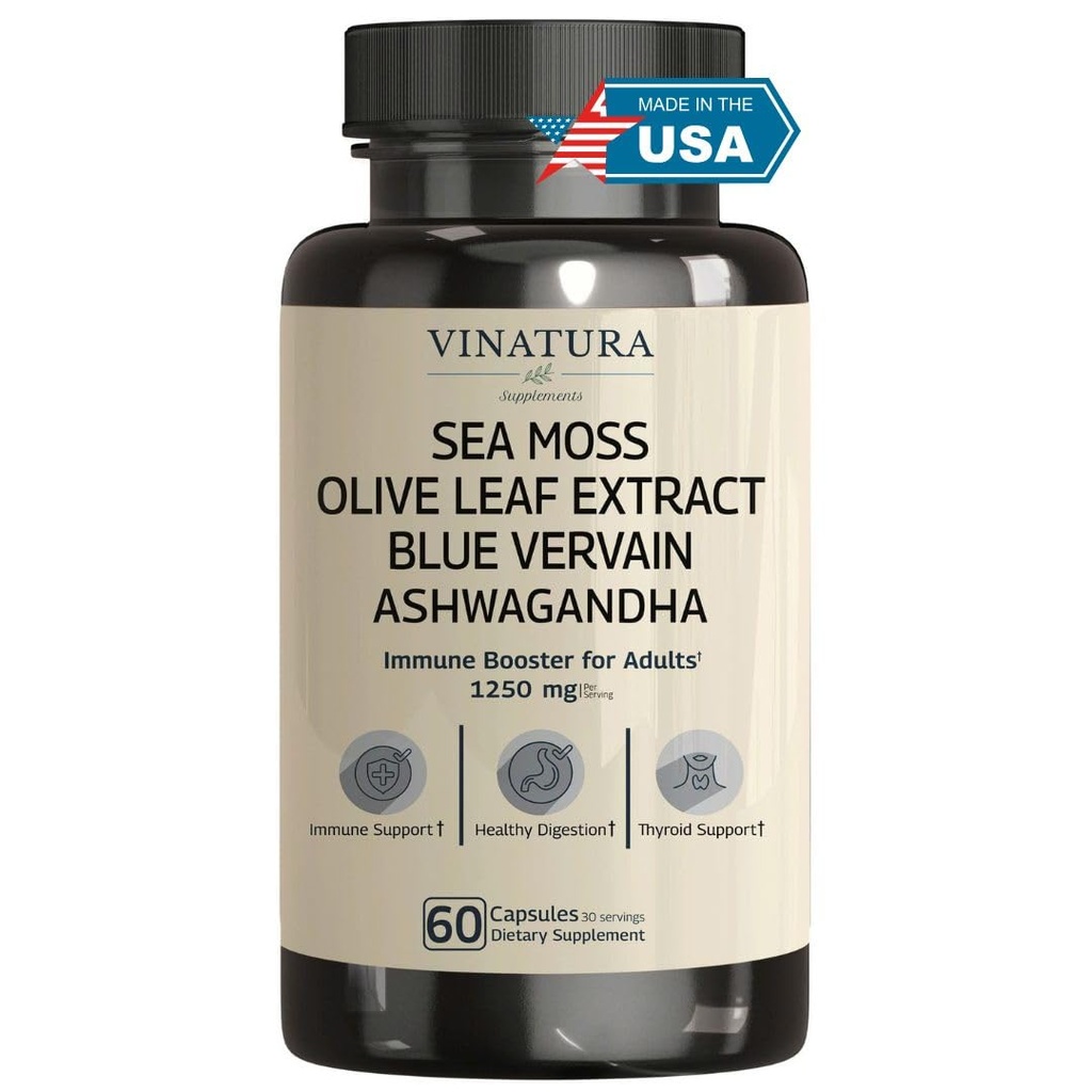 VINATURA Moss de mer biologique, Vervain bleu - avec huile de graines noires, Ashwagandha, gingembre, gélules de racines de dard - 1250mg par portion, *USA Made &Tested* Immune Booster pour adultes