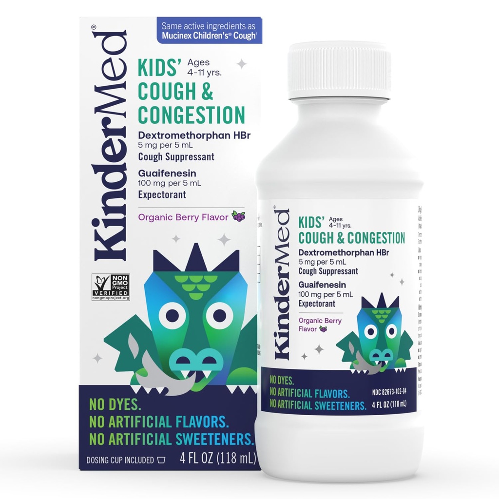 KinderMed Kids' Daytime Cough & Congestion Medicine, for Ages 4-11 Years, No Dyes, No Artificial Flavors, No Artificial Sweeteners, Vegan, Non-GMO, Gluten Free, Organic Berry Flavor (4 Fl Oz)