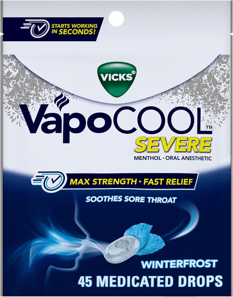 Vicks VapoCool gouttes de Gorge Médiquée Grave, Menthol Max Strength, Douleurs de Gorge Apaisante, Saveur de Givre d'Hiver, 45ct