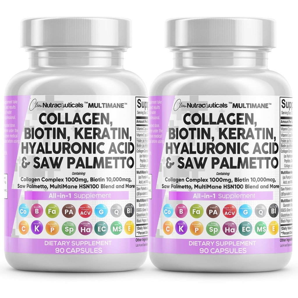Clean Nutraceuticals Collagen Pills 1000mg Biotin 10000mcg Keratin Saw Palmetto Hyaluronic Acid - Hair Skin & Nails Vitamins & DHT Blocker (90 Count (Pack of 2))
