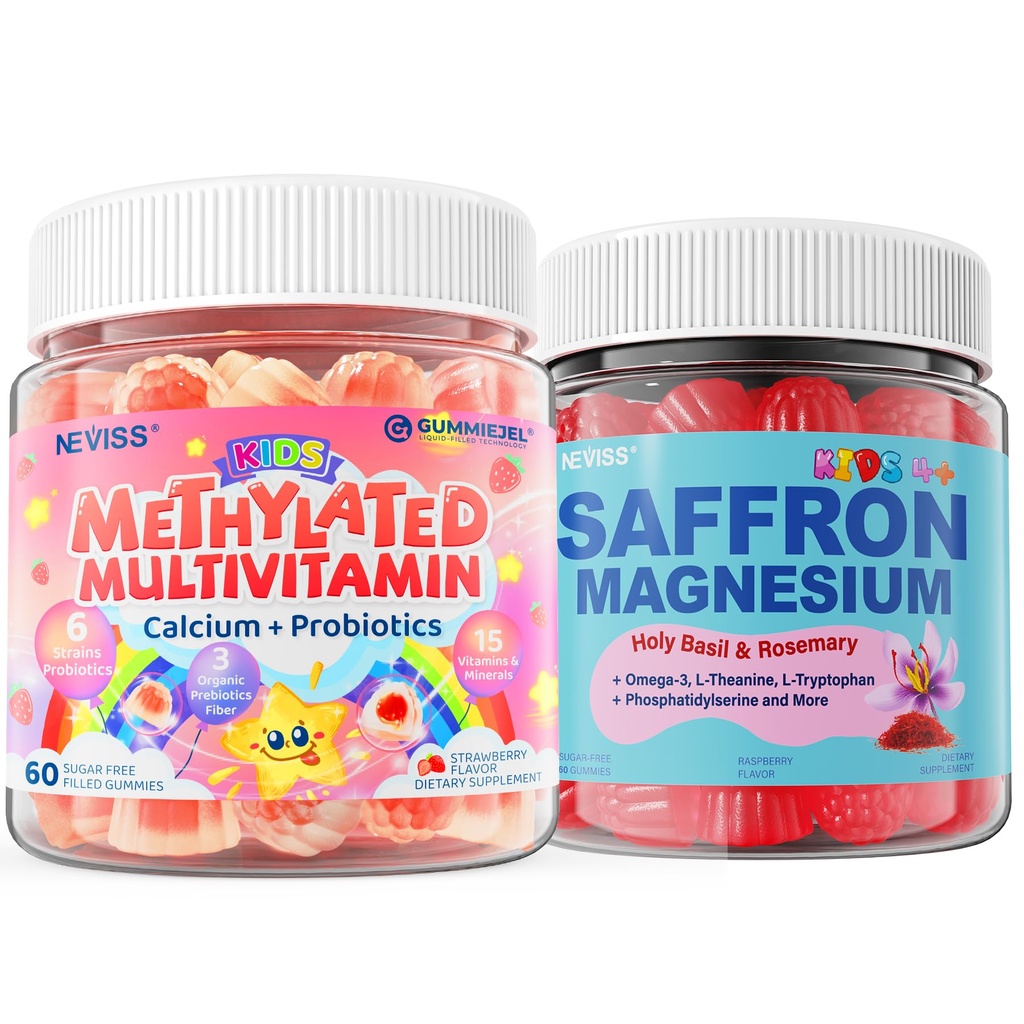 NEVISS Kids Multivitamin Gummies with Calcium, Probiotics, Vitamin D3, C, Methyl B12 Methylfolate + Saffron + Magnesium Glycinate+ Omega-3 - Calm Focus Gummies for Kids 4+, Sugar Free