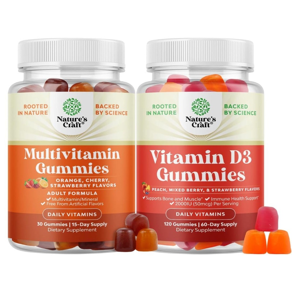 Bundle of Potent Daily Multivitamin Gummies - Wellness Blend of Vitamin D A C E B12 Zinc & Biotin for Energy & Immunity and Vitamin D3 Gummies with D3 2000IU per Serving Bone Muscle & Immune Support