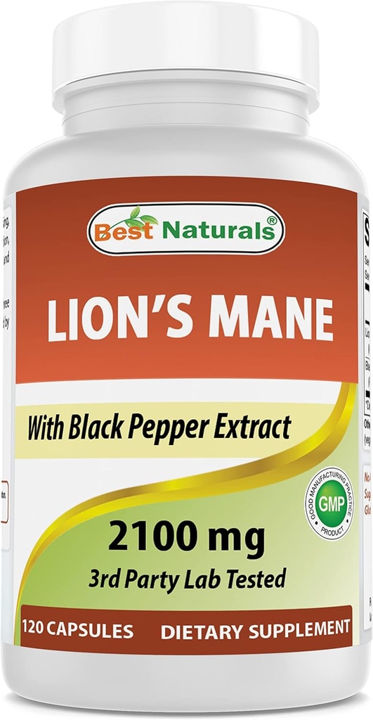 Best Naturals Lions Mane Champignon Supplément 2100mg - 120 Capsules - Soutient la clarté mentale, la concentration et la santé immunitaire - Ajout de poivre noir pour une absorption maximale