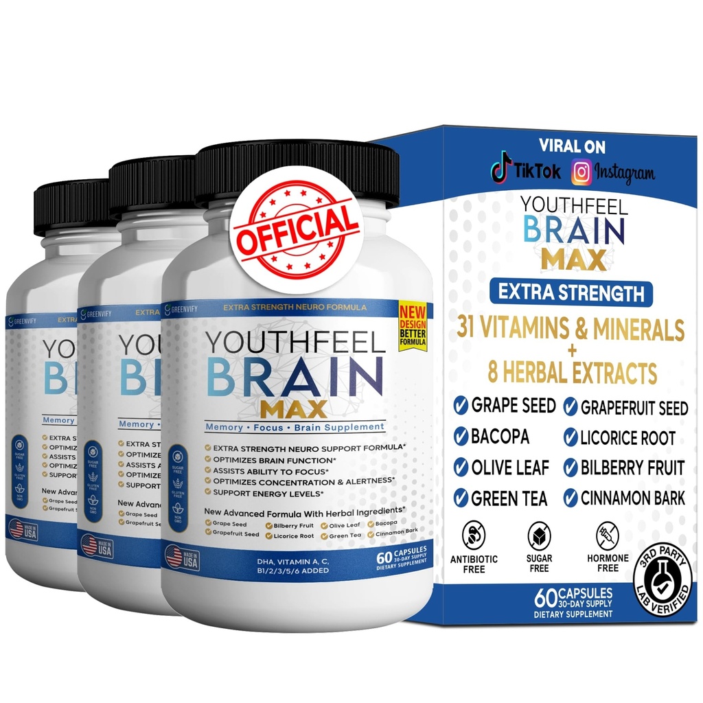 Youthfeel Brain Max Memory and Focus Support, Nootropic Brain Booster, 60 Capsules (Pack of 3)