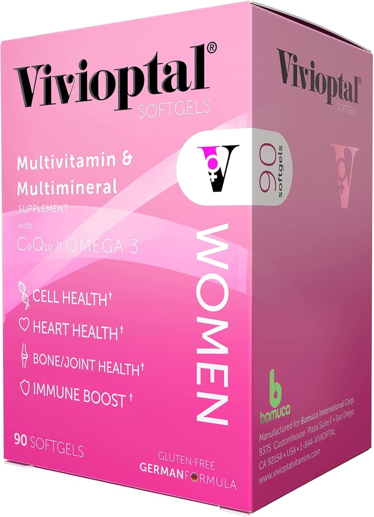 Vivioptal Femmes, 90 Capsules, CoQ10 et Omega-3, Multivitamine et multiminérale, sans gluten, formule allemande
