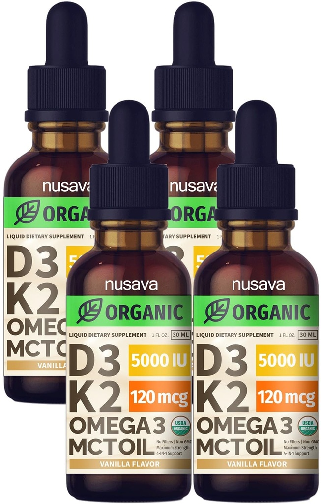 (4 pack) Vitamine biologique D3 K2 gouttes avec l'huile MCT Omega 3, 5000 UI, résistance maximale Vitamine D Liquide - Pas de remplissage, non-OGM liquide D3 pour l'absorption plus rapide et le soutien immunitaire (Vanilla, 4 Fl Oz)