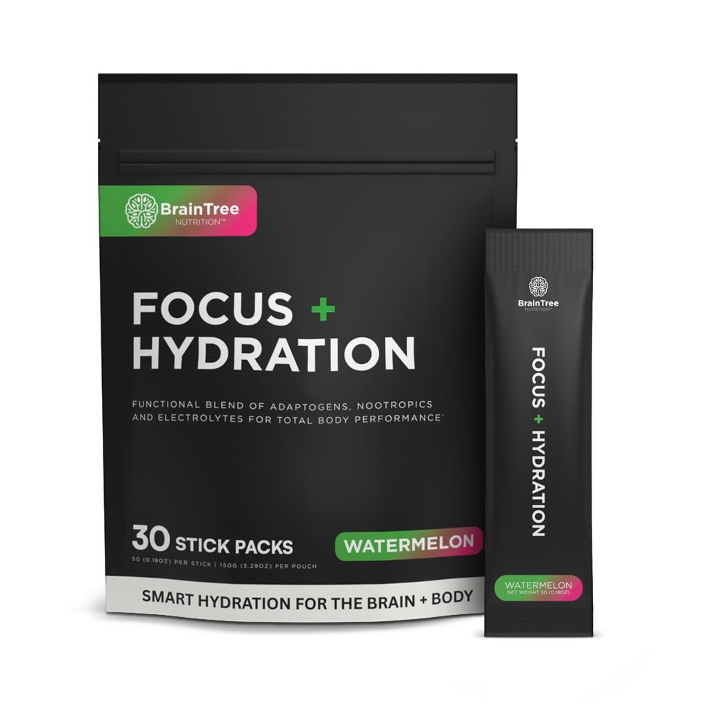 BrainTree Nutrition - Focus + Hydration - Electrolyte Drink Mix - Total Body Hydration - Supports Cognitive Function, Energy & Muscle Recovery - Sugar Free - Watermelon - 30 Stick Packs
