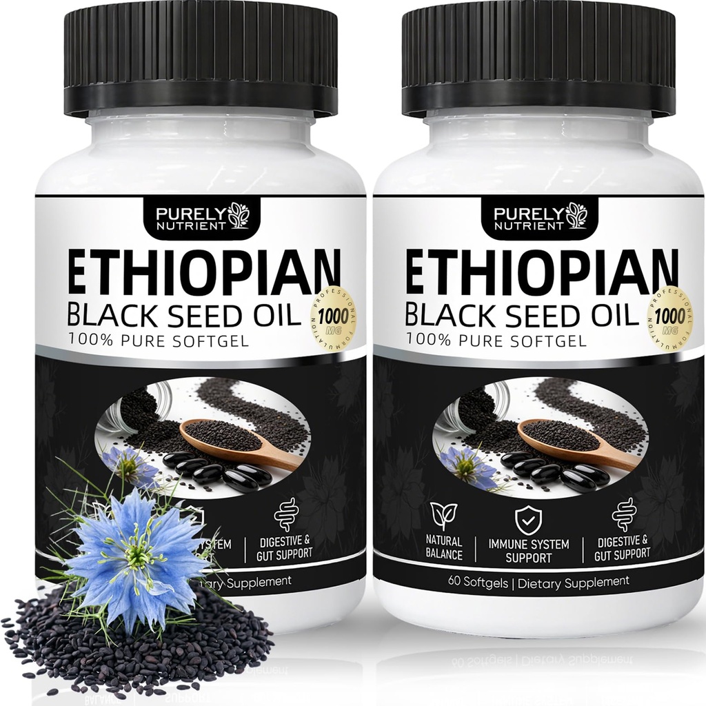 Purely Nutrient Ethiopian Black Seed Oil, Ethiopian Black Seed Oil Softgels |4.64% Thymoquinone | Non-GMO, Gluten-Free,60 Capsules-2PCS