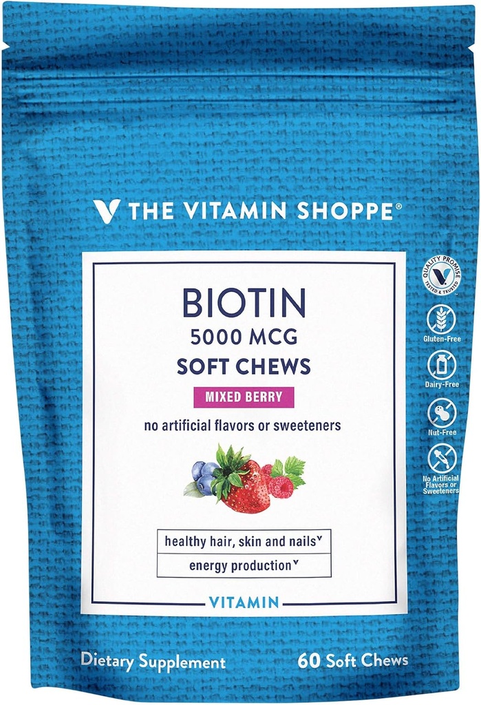 La biotine de Vitamine Shoppe Soft Chews pour le soutien des cheveux, de la peau et des ongles - 5000mcg - Berry mixte (60 Chews doux)