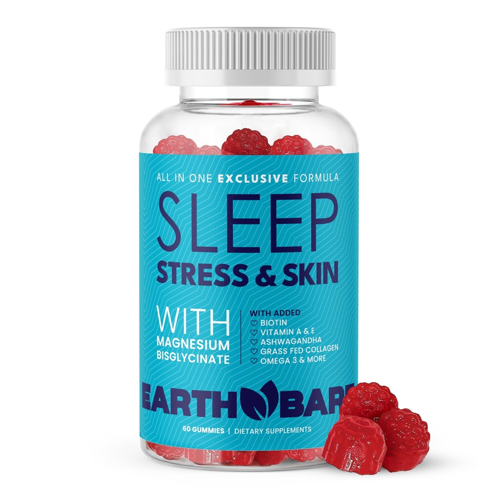 All in One Stress Skin Sleep Gummies w/Magnesium Glycinate, Grass Fed Collagen, Vitamin A, C, E & Zinc | Sleep & Glow Gummies for Adults | 60 Gummies