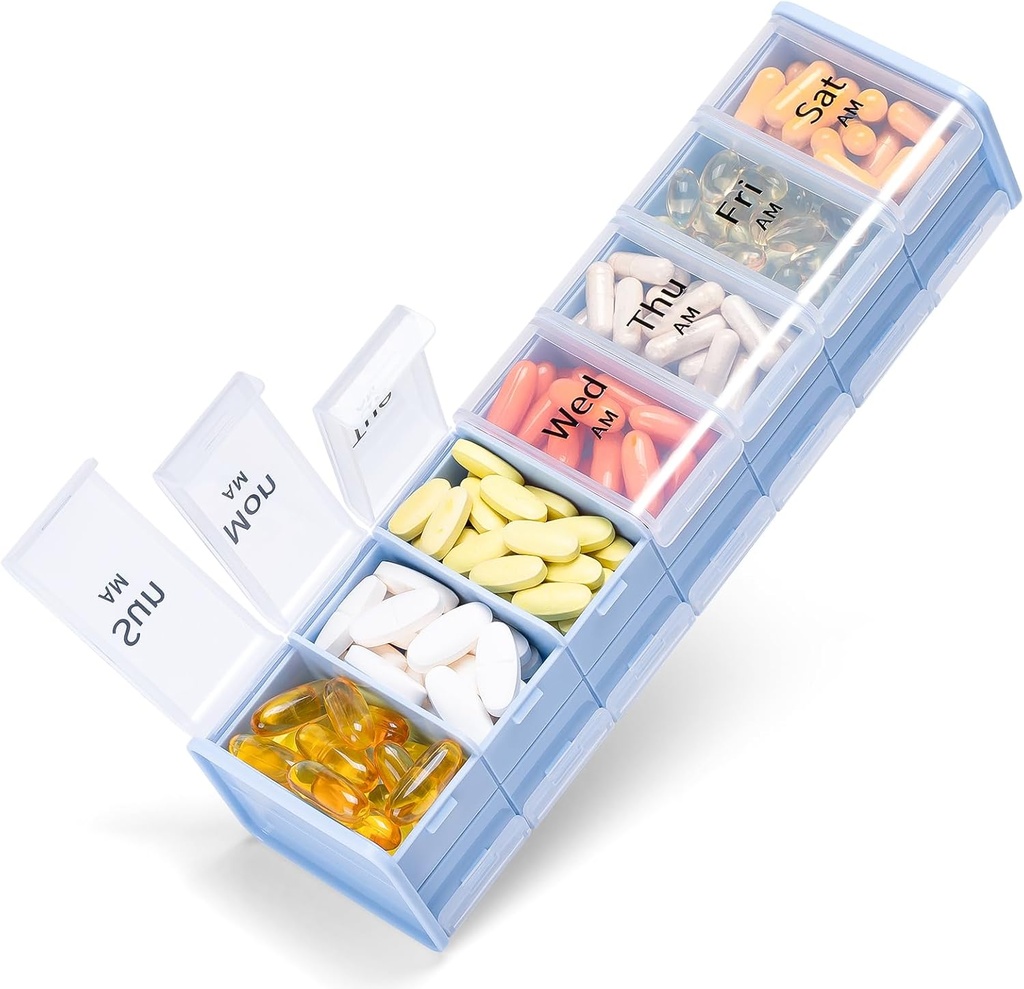 Très grand organisateur hebdomadaire de pilules 2 fois par jour - Boîte à pilules de 7 jours Betife, AM PM Pill Case avec compartiment jumbo double couche pour pilules, vitamine, huile de poisson, suppléments (bleu/blanc)