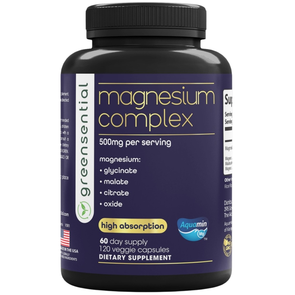 Greensential Magnesium Complex 500mg | 2-Month Supply | Glycinate, Malate, Citrate, Oxide & Aquamin® | Sleep, Muscle & Stress Support* | Made in USA, 2X 3rd Party Tested, 120 Ct