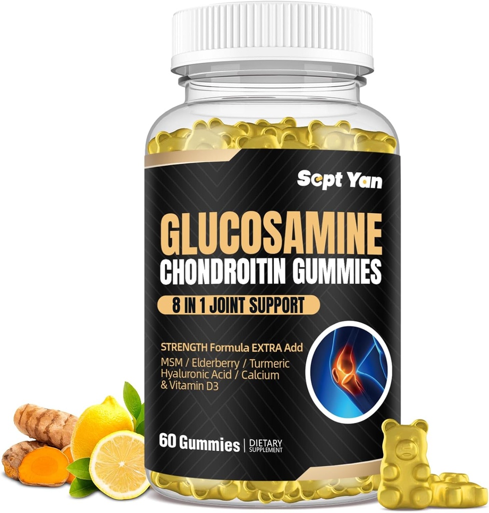 Glucosamine Chondroitin Gummies - 60 Suppléments de soutien conjoints - 1500mg Extra Strength avec MSM, Elderberry, Turmeric - Cartilage et Immune Support pour adultes, hommes et femmes Vegan - Facile à avaler