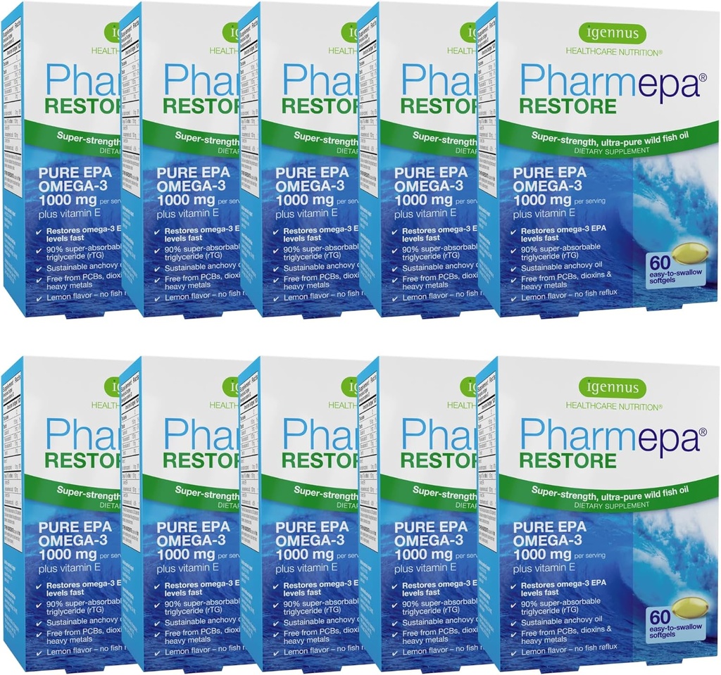 Igennus Pharmepa Restore, Pure EPA 1000mg, Omega 3 rTG Huile de poisson, certifié IFOS, haute absorption, 90% Concentration Triple Force, sauvage et durable, Lemon Flavor, 10 mois d'approvisionnement, paquet de 10