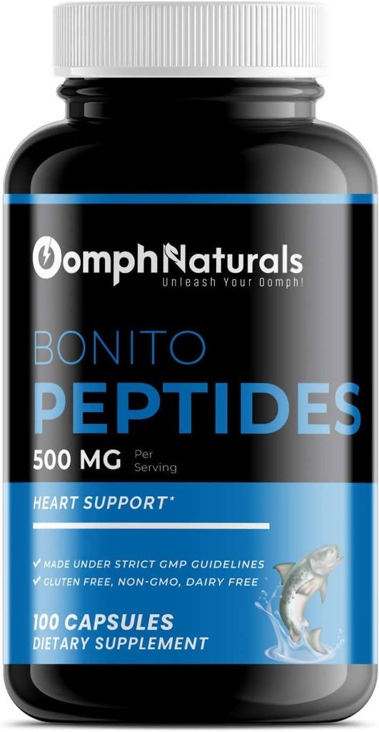 Bonito Peptides, 500mg Extrait de poisson Bonito, 100 capsules 100 jours d'approvisionnement, non-OGM, sans gluten, supplément pour la santé cardiaque