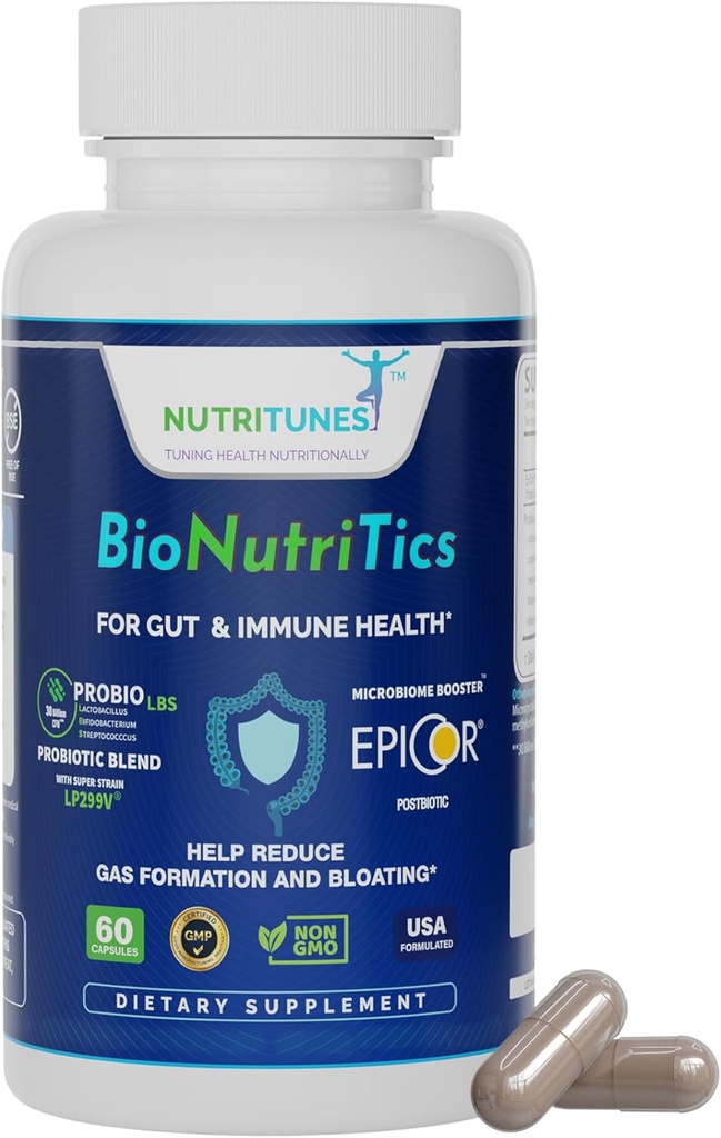 BioNutriTics – Probiotiques ProBio LBS + EpiCor® postbiotique pour Gut Health, Immune Support Confort digestif à partir de gaz occasionnel et de ballonnement – 60 capsules