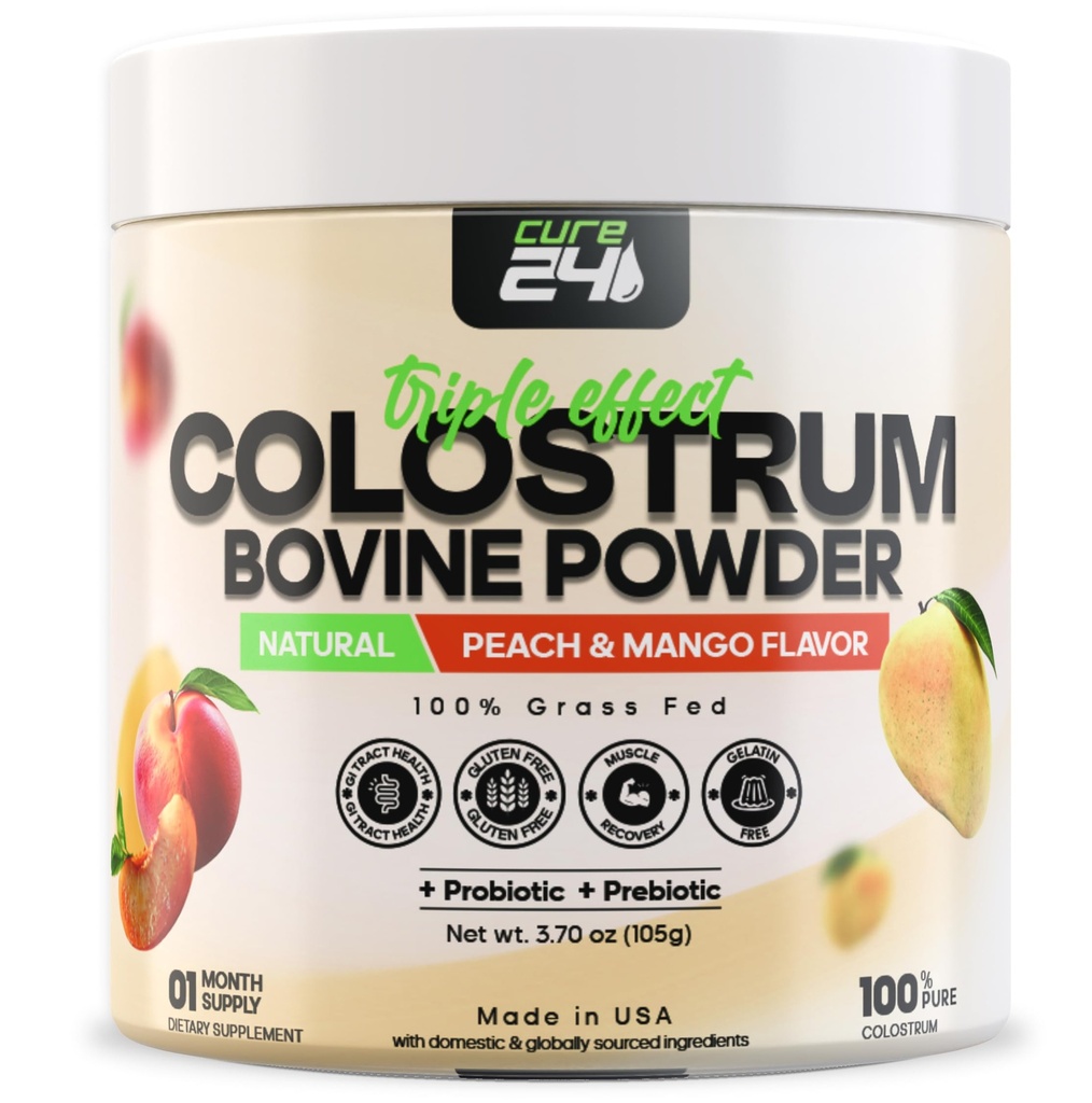 Bovine Colostrum X3 Supplement Powder for Humans, 100% Pure Whole Natural Grass Fed Superfood, High IgG, Plus Probiotic & Prebiotic, Unflavored, Made in USA (Peach Mango)