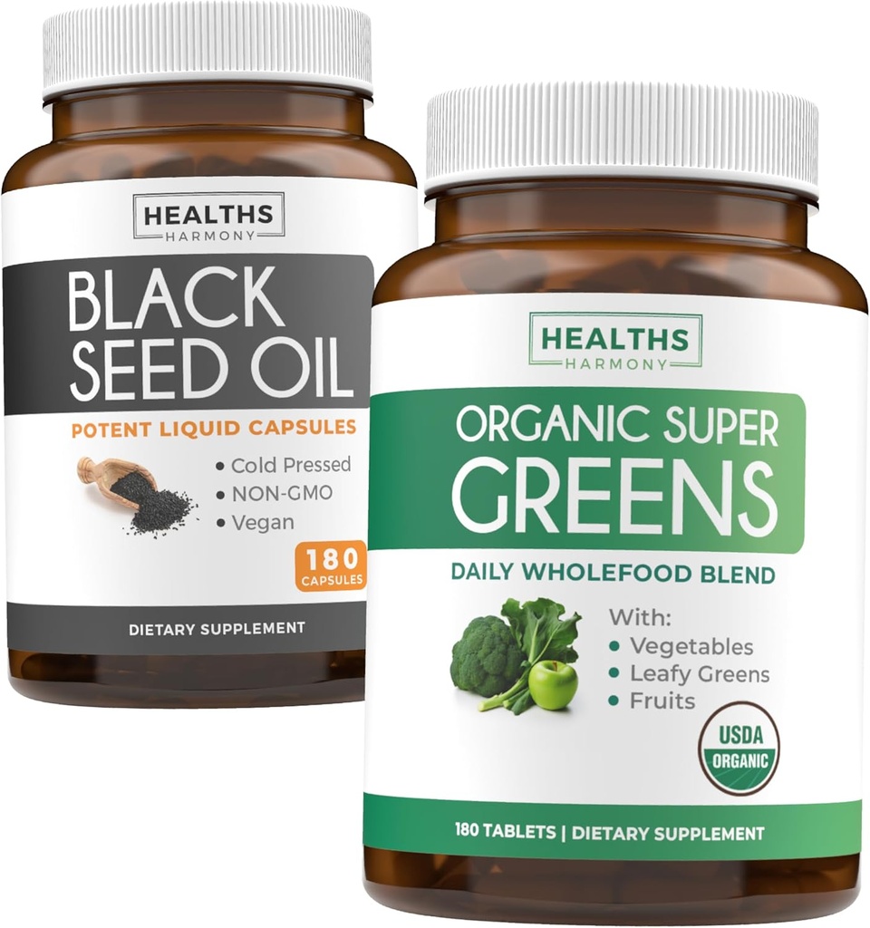 Huile de graines noires et Super Greens biologiques (3-Mois d'approvisionnement) Ensemble de graines et de germes d'huile de graines noires (180 Capsules) Nigella Sativa à pression froide et Super Greens biologique Poudre (180 comprimés) Superfood complet
