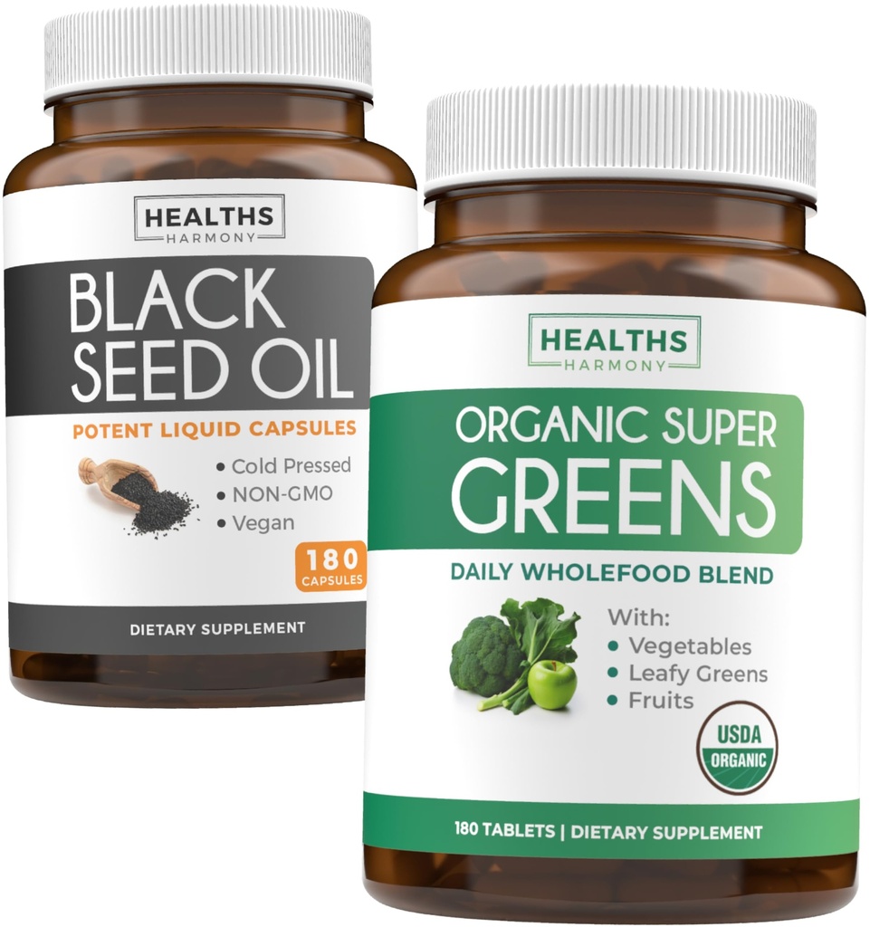 Huile de graines noires et Super Greens biologiques (3-Mois d'approvisionnement) Ensemble de graines et de germes d'huile de graines noires (180 Capsules) Nigella Sativa à pression froide et Super Greens biologique Poudre (180 comprimés) Superfood complet