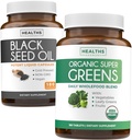 Huile de graines noires et Super Greens biologiques (3-Mois d'approvisionnement) Ensemble de graines et de germes d'huile de graines noires (180 Capsules) Nigella Sativa à pression froide et Super Greens biologique Poudre (180 comprimés) Superfood complet