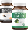Huile de graines noires et Super Greens biologiques (3-Mois d'approvisionnement) Ensemble de graines et de germes d'huile de graines noires (180 Capsules) Nigella Sativa à pression froide et Super Greens biologique Poudre (180 comprimés) Superfood complet