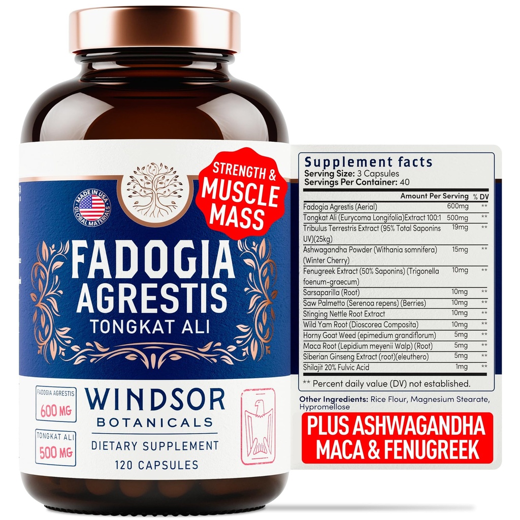 Fadogia Agrestis et Tongkat Ali Supplément - Fadogia Agrestis 600mg, 500mg Longjack Tongkat Ali pour les hommes, Maca Root, Fenugreek, Ashwagandha, Saw Palmetto pour soutenir l'énergie, l'endurance, la vitalité - 120Caps
