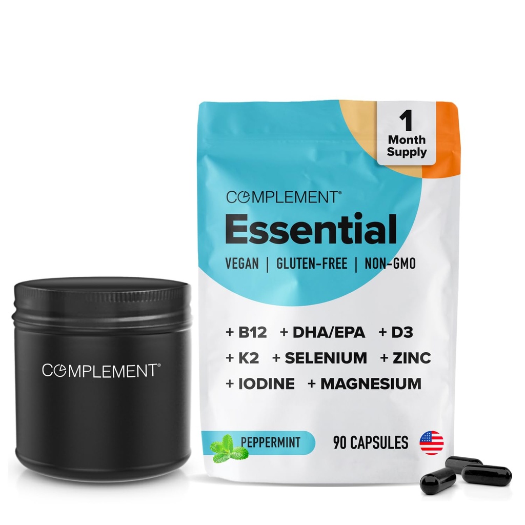 Complement Vegan Multivitamins for Women & Men- Omega 3 DHA+EPA, Vitamin B12, Vitamin D3 K2, Zinc, Selenium, Magnesium, Iodine Supplement- Immune Support- 90 Count, Includes Jar