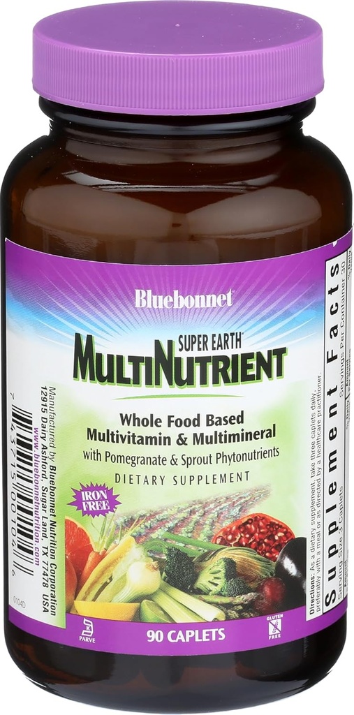 Bluebonnet Nutrition Super Earth* Formule multinutriente (sans fer), pour un soutien nutritionnel quotidien*, sans gluten, certifié Casher, sans laiterie, respectueux des végétaux, 90 capsules, 30 portions