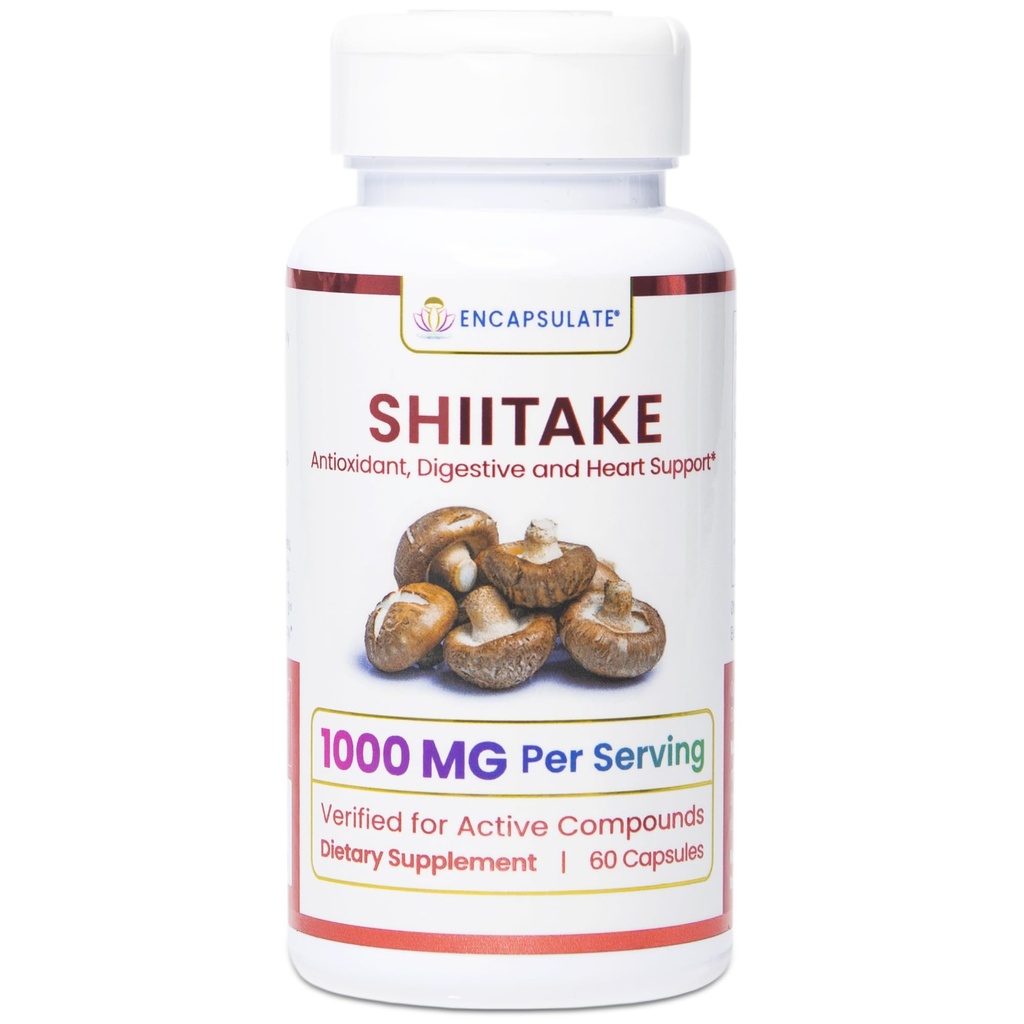 ENCAPSULATE Shiitake Capsules 1000mg – Premium Organic Fruiting Body 1:1 Extract – Adaptogen Mushroom Supplement for Heart Health, Vitality & Immune Support – Lab Tested, Vegan & Non-GMO – 60 Count