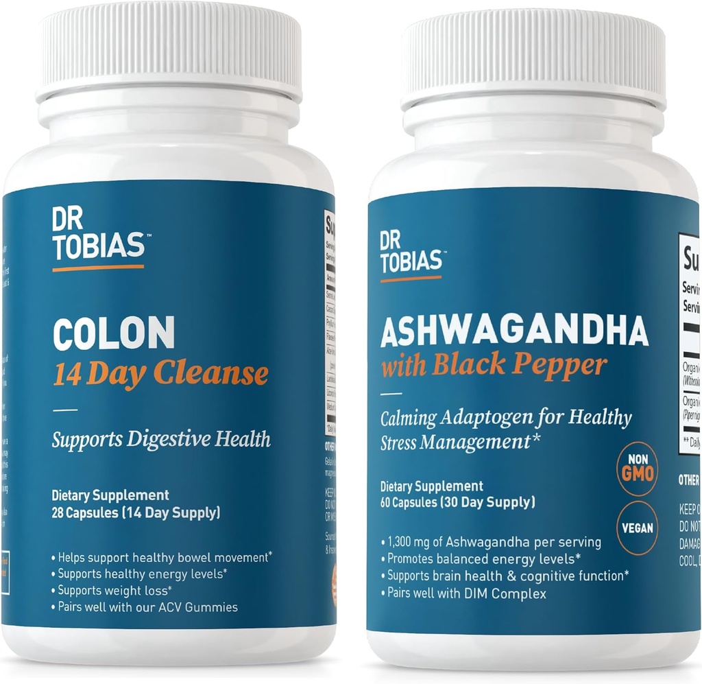 Dr Tobias Colon 14 Day Cleanse et Ashwagandha Capsules, Colon Cleanse Detox et Calme Adaptogen, soutient l'énergie et la santé immunitaire, non-OGM