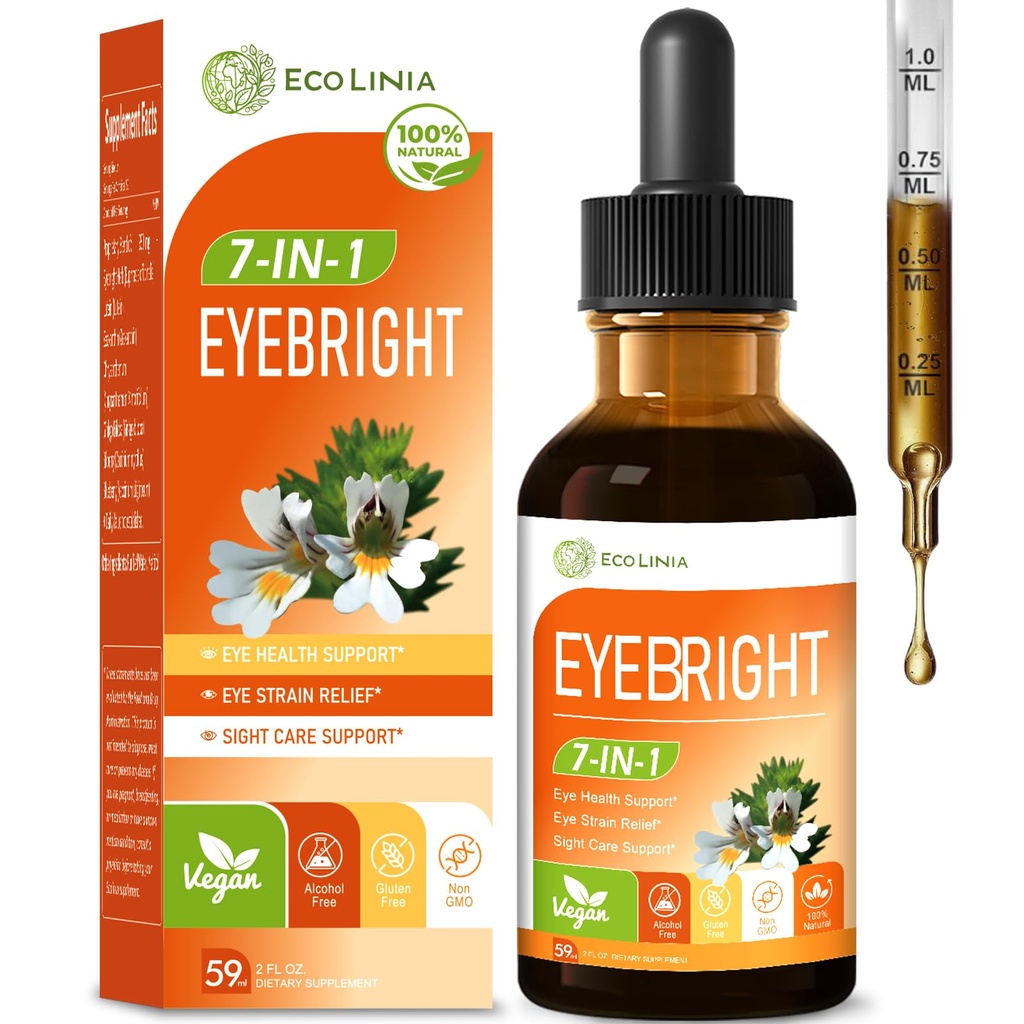 Eye Health Drop w/Eyebright Herb (Euphrasia Officinalis), Vision & Eye Support Supplement, All in 1 Formula w/Lutein Zeaxanthin & Blueberry Extract - Taken Orally Liquid Tincture. 2 oz