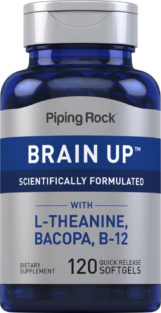 Piping Rock Brain Up Supplement | 120 Softgels | with L Theanine, Bacopa, Vitamin B12 | Non-GMO, Gluten Free