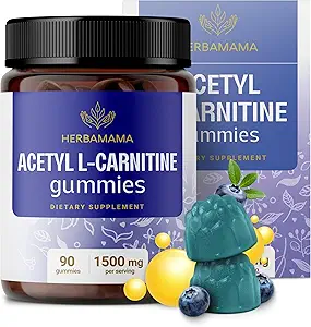 HERBAMAMA ALCAR acétyl L-Carnitine 1500mg Gummies - L supplément carnitine pour l'énergie, le focus et le soutien du cerveau - végétalien, non-OGM - 90 Pectines à base de bleuets aromatisées