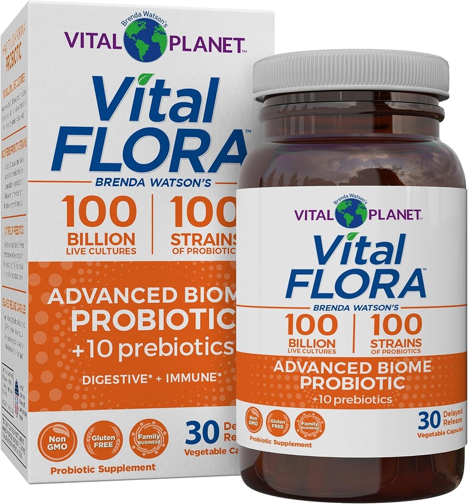 Vital Planet - Vital Flora Advanced Biome Probiotique 100 milliards CFU, 100 souches diverses, 10 prébiotiques organiques, immunosupport, Colon et probiotiques de santé digestive pour les femmes et les hommes 30 capsules