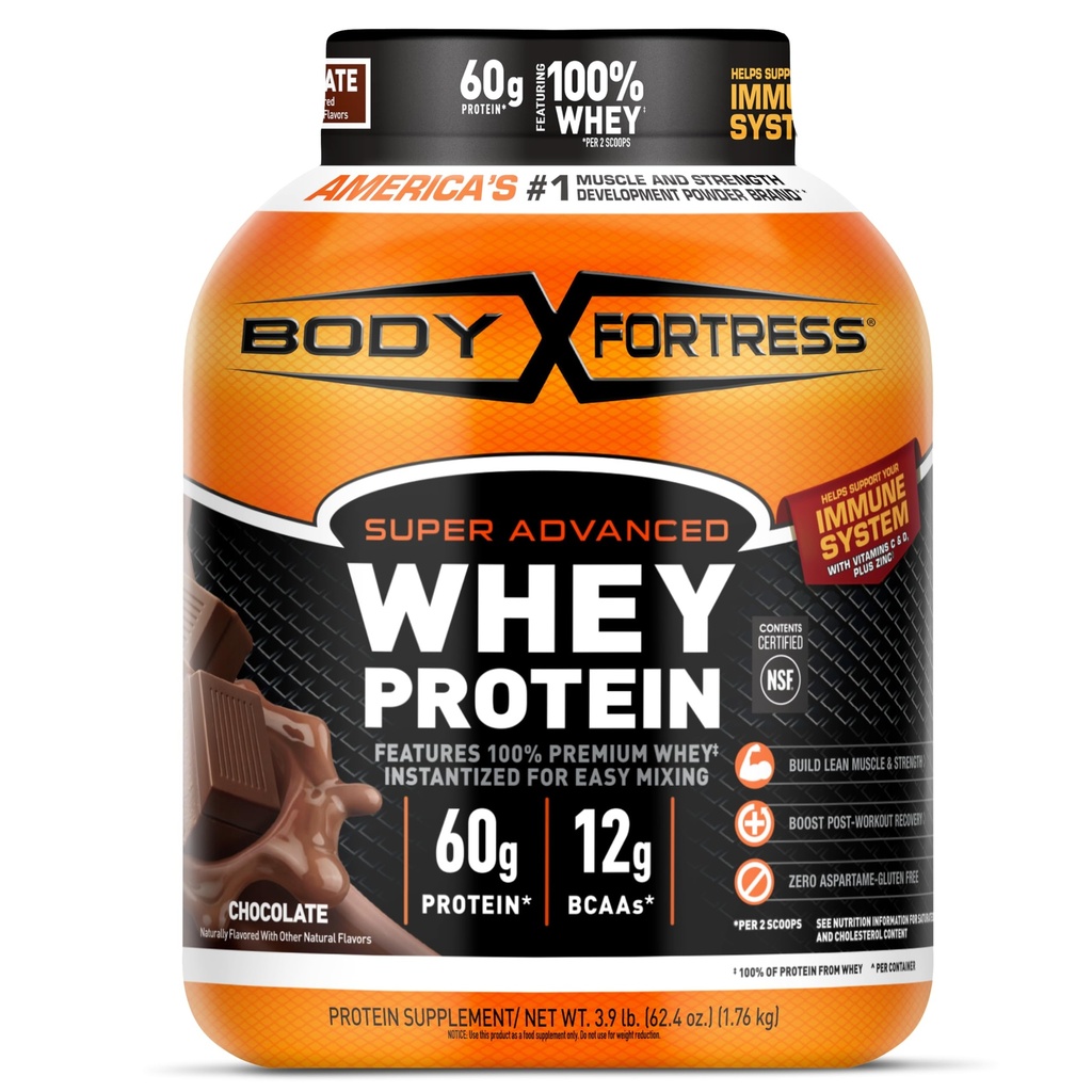 Body Fortress Super Advanced Whey Protein Powder, Chocolate, Immune Support (1), Vitamins C & D Plus Zinc, 3.9 lbs.