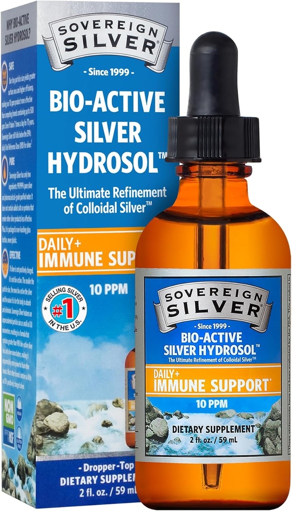 Support immune en argent souverain - Argent colloïdal, hydrosol en argent bioactif, 10 ppm, goutte à goutte liquide, 2 Fl Oz, (59 mL)