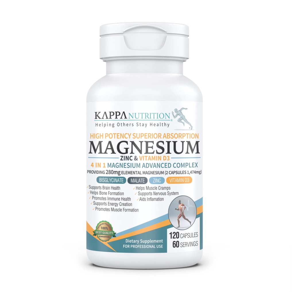 Kappa Nutrition Magnesium 4-in-1, 280mg Elemental Magnesium (Bisglycinate, Malate) + Zinc & Vitamin D3, Brain, Sleep, Energy, Muscle, Immune Support, 120 Vegan Capsules.
