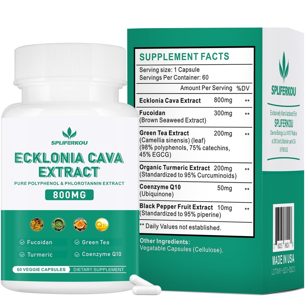 Spliferikou Ecklonia Cava Extract, 800mg, 60 Veggie Capsules with Fucoidan, Green Tea, Turmeric, CoQ10, Dietary Supplement