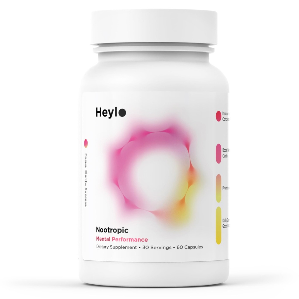 Heylo Nootropic Brain Supplement for Focus, Energy, and Memory | Cognizin® Citicoline, L-Theanine, PurCaf® Caffeine, Phosphatidylserine, B6 | 60 Capsules – Clean, Plant-Based Cognitive Support