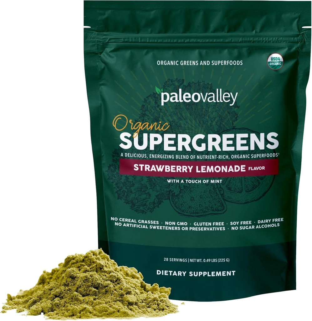 Paleovalley Bio Supergreens - Bio Greens Poudre Superfood pour Immmune Support - Paleo Green Poudre Blend - 28 portions - 23 bio Superfoods - Sans gluten, sans graminées, de soja ou de céréales