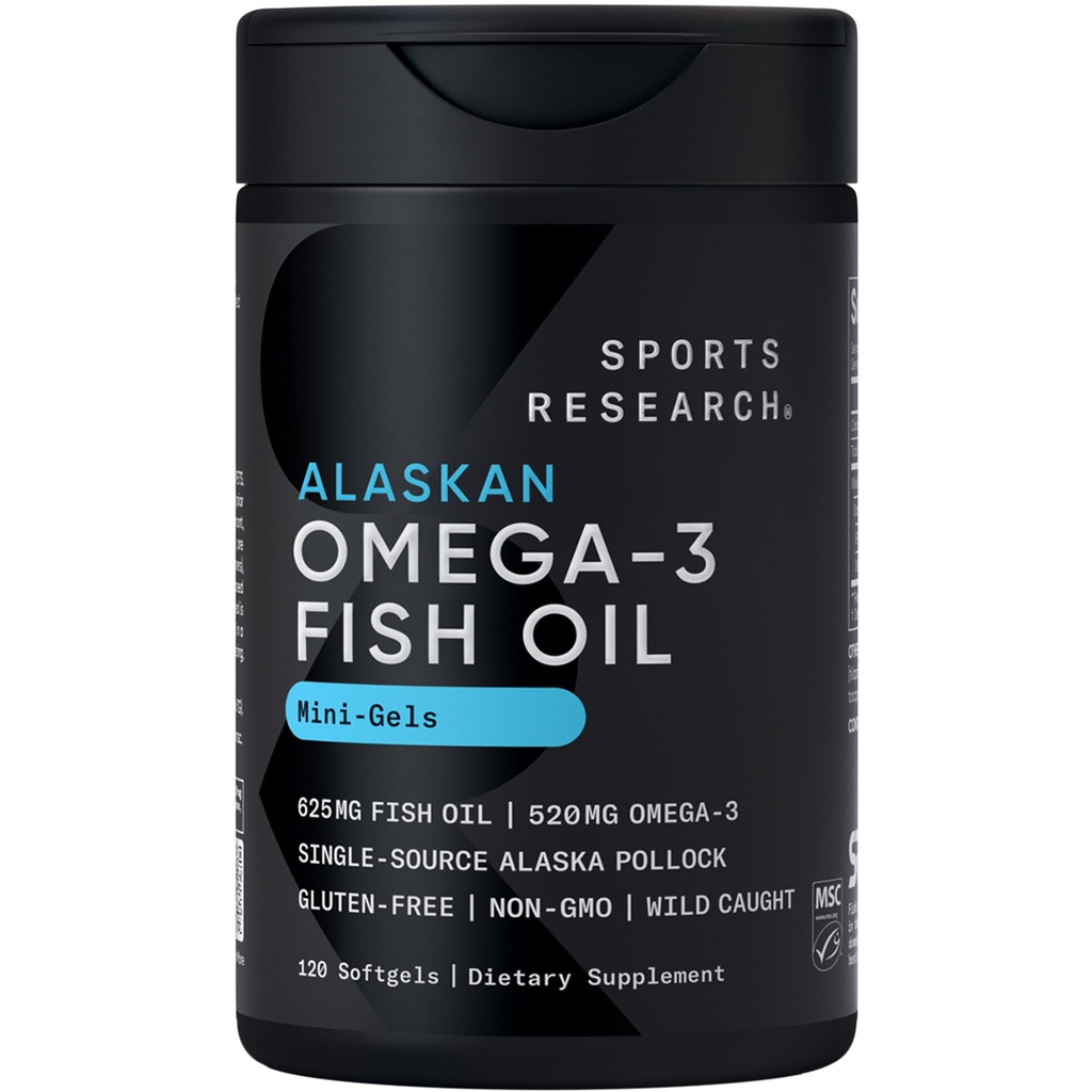 Recherche sportive Huile de poisson Mini-Softgels - Facile à avaler Omega-3 Acides gras de l'Alaska prise sauvage Pollock - 625mg, 120 Softgels
