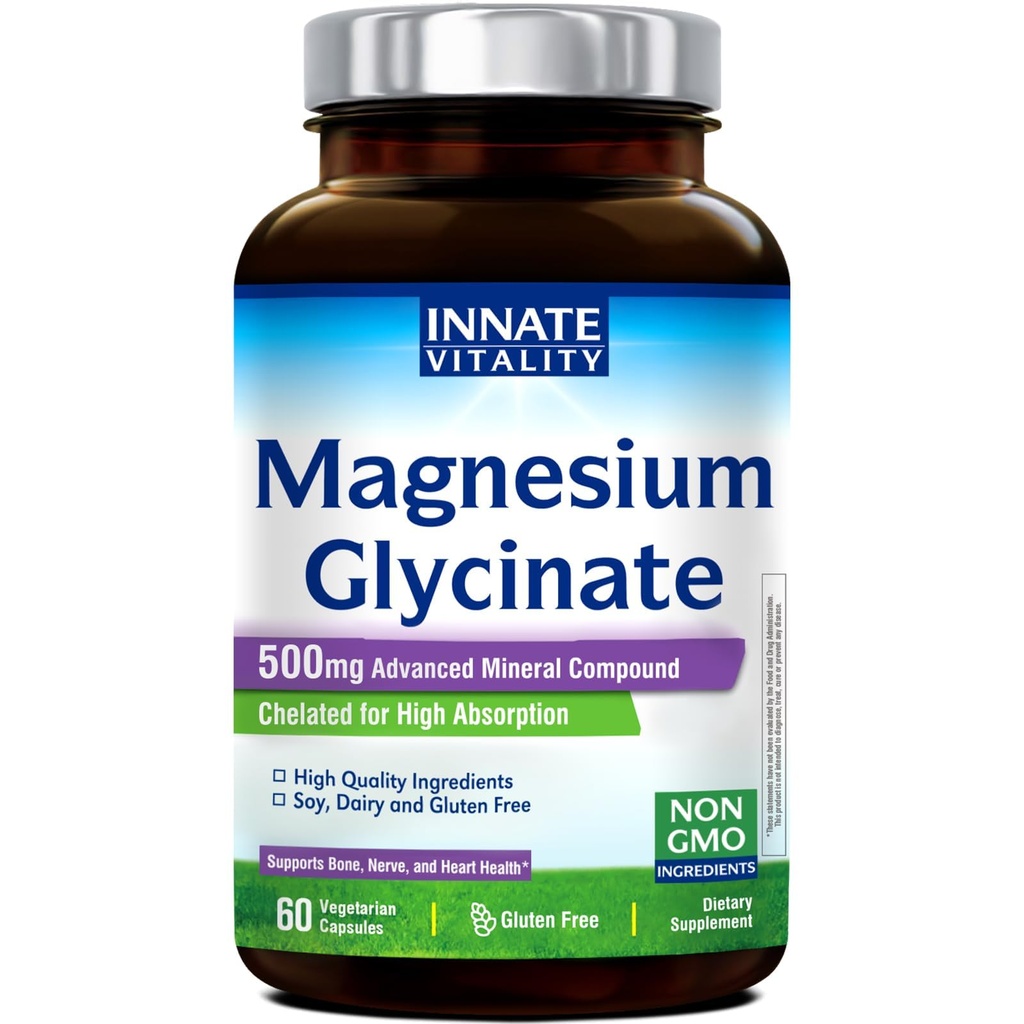 Vitalité innée Magnésium Glycinate 500mg.70mg Supplément de magnésium élémentaire- Absorption élevée, non buvée, non-OGM et sans gluten - Nerve, os et santé cardiaque - 60 Capsules Vegan Magnesio